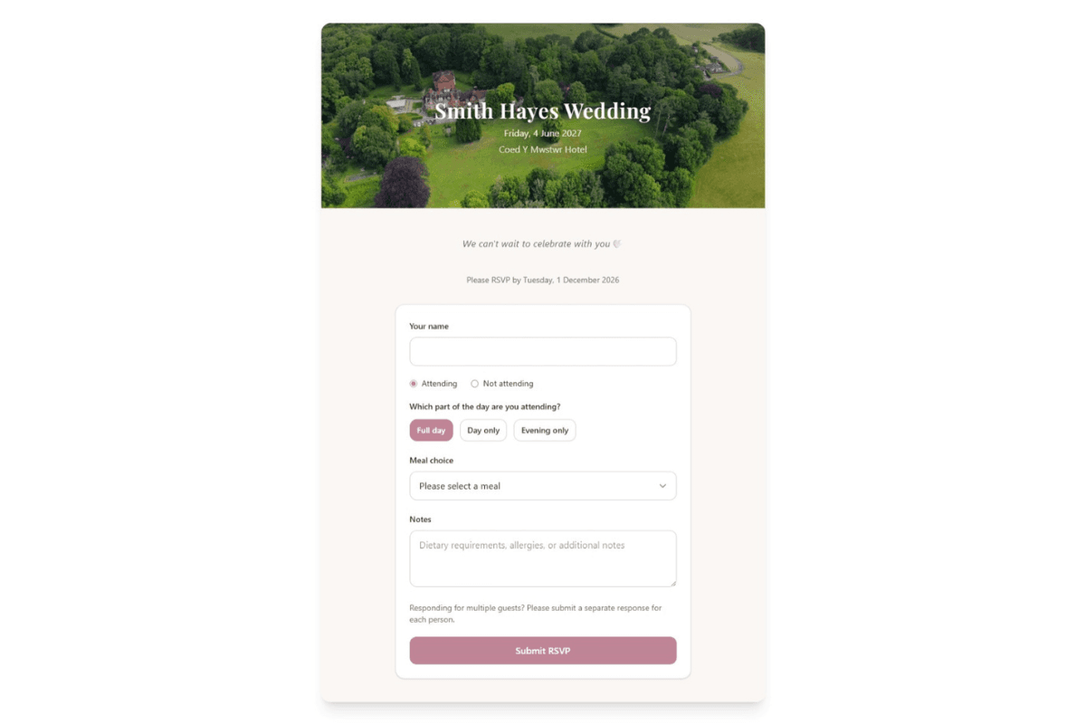 Customised wedding RSVP page with cover photo and personalised message