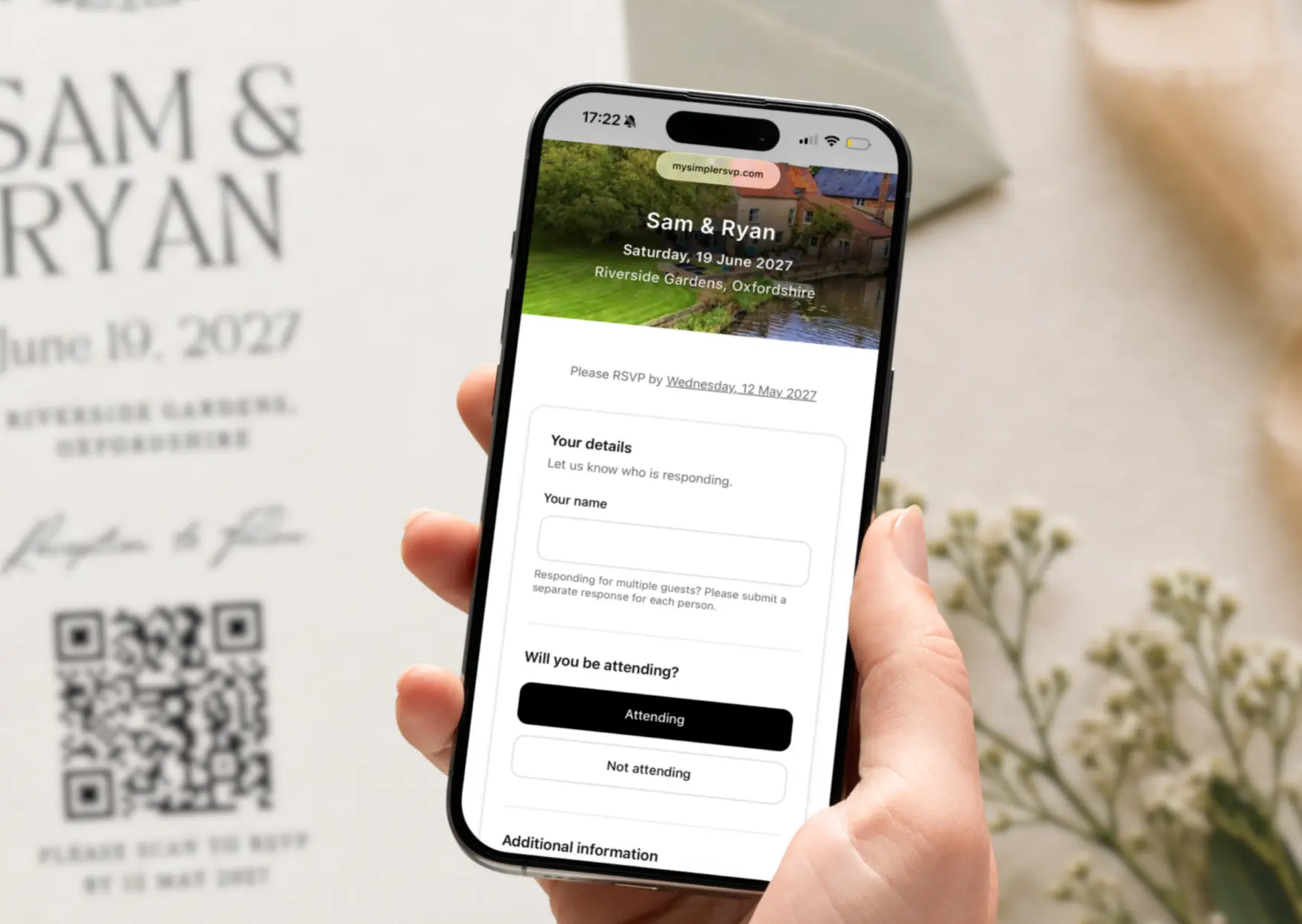 Digital wedding invitation displayed on a phone with an RSVP now button