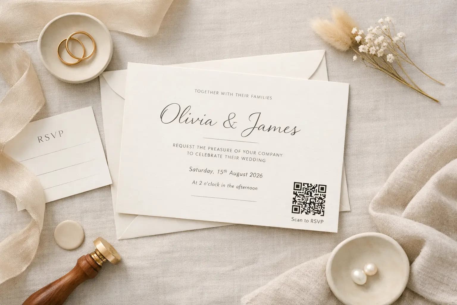 Minimal wedding invitation suite with RSVP QR code in bottom corner