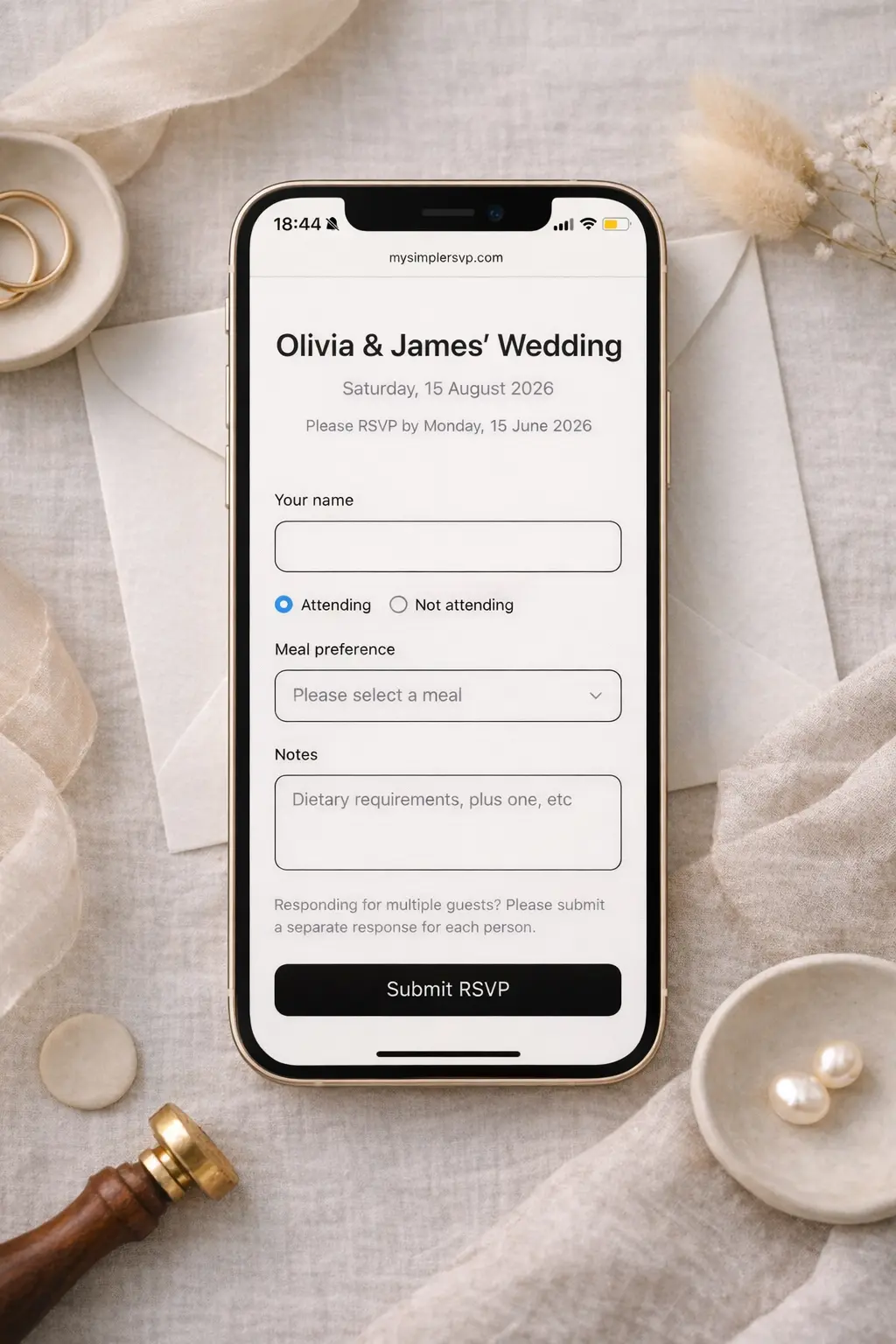 MySimpleRSVP Wedding RSVP form displayed on iPhone mobile screen