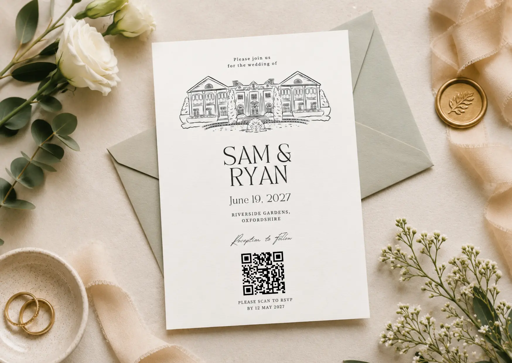 Wedding invitation flat lay with RSVP wording and QR code