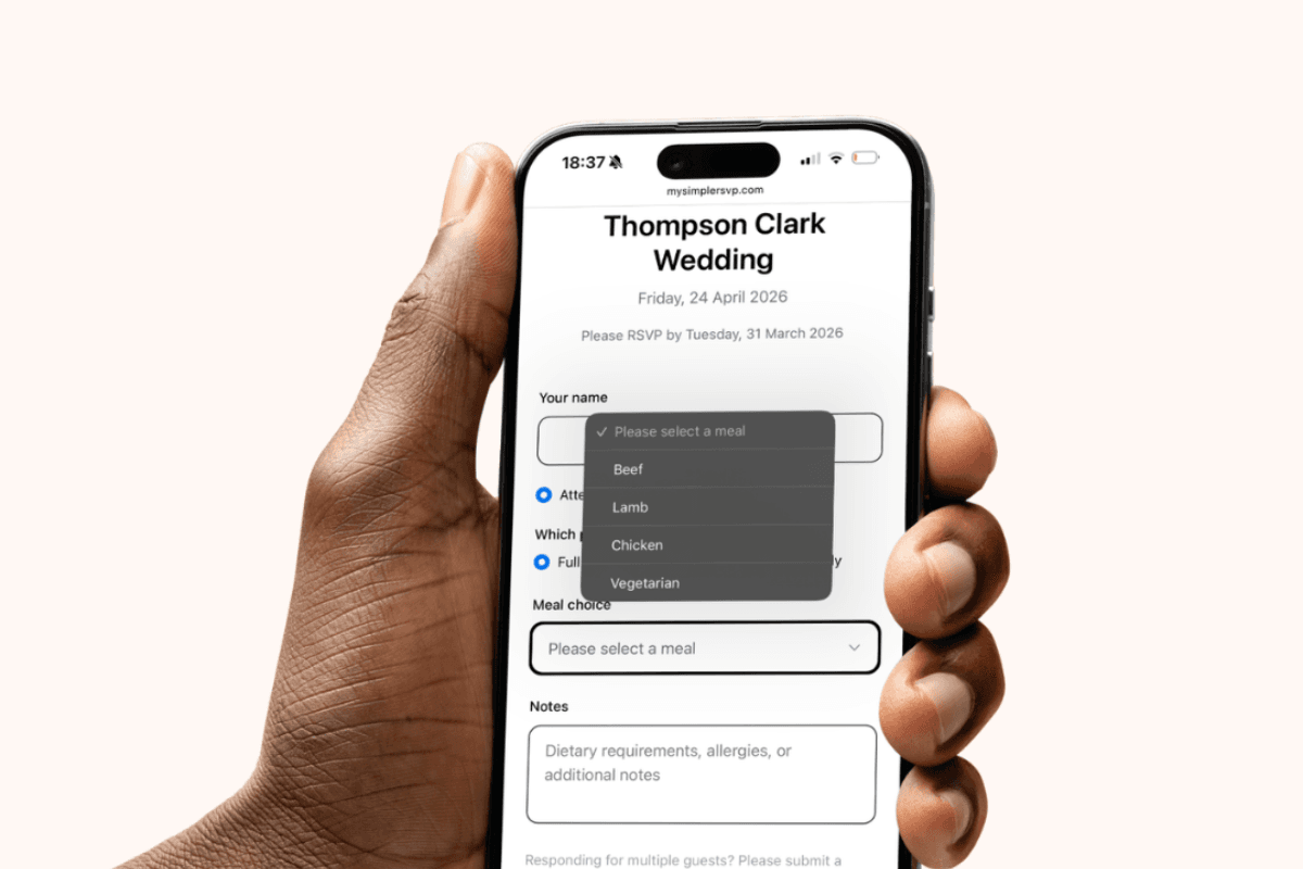 Mobile wedding RSVP form with meal selection options